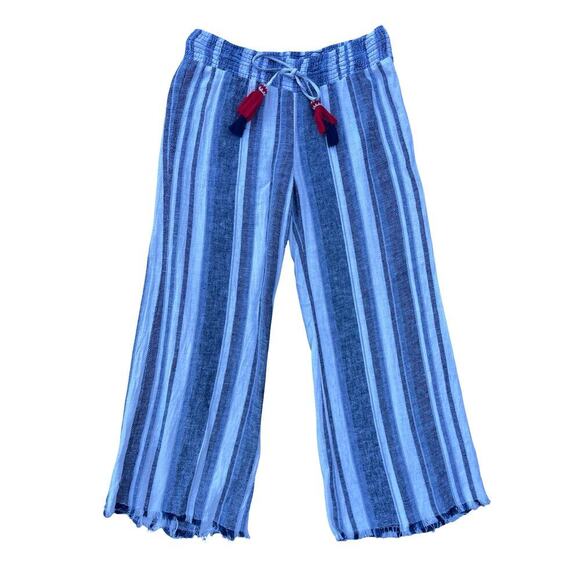 Indigo Rein Striped Wide Leg Linen Blend Pull On Pants with Tassel Tie - Small - Picture 2 of 11
